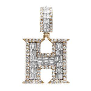Baguette & Round Cut Diamond "H" Letter Initial Pendant 14K Yellow Gold 1.10Cttw